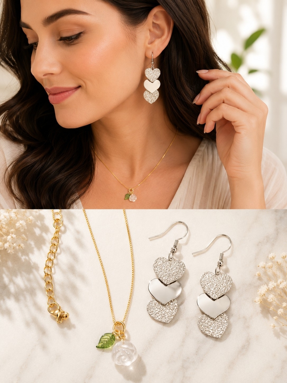 Silver Triple Heart Drop Earrings With Rose Golden Necklace